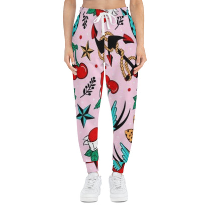 Retro Tattoo Print Joggers — Pink Cherry & Anchor Athletic Pants