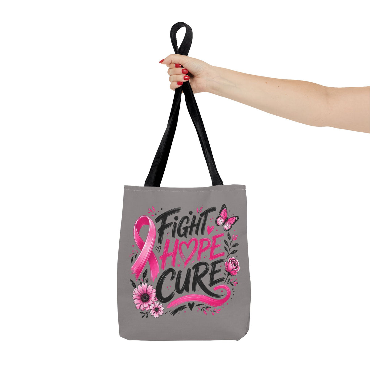 Breast Cancer Awareness Tote Bag — Fight Hope Cure Pink Ribbon Design