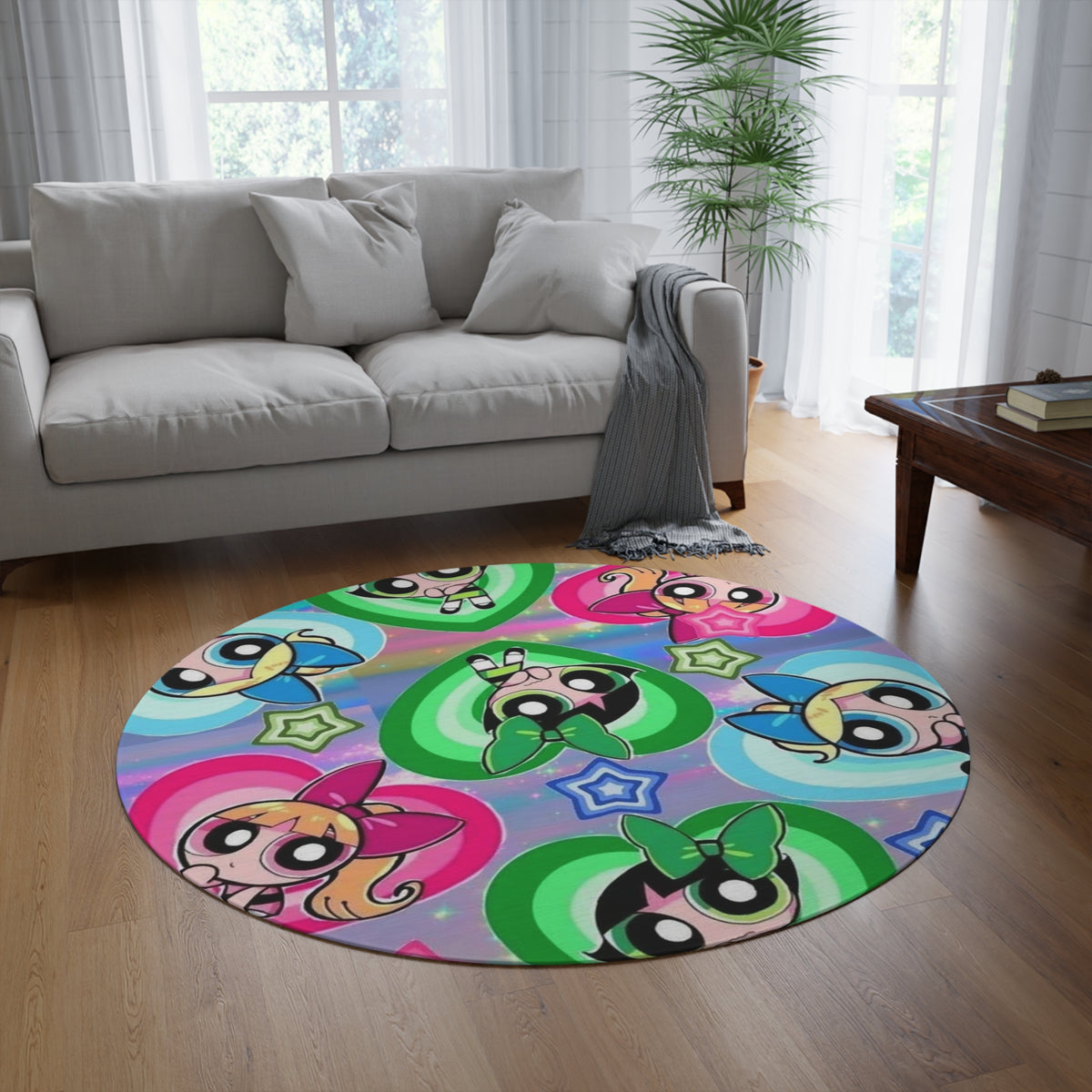 Powerpuff Girls Pattern Round Rug – Colorful Kids’ Cartoon Floor Mat