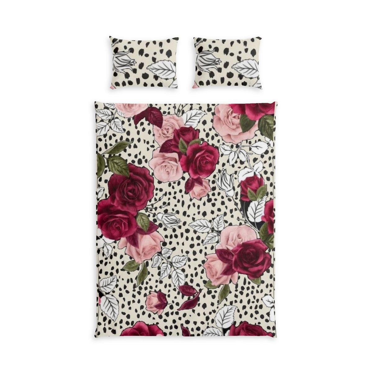 Floral Rose Duvet Cover Set — Pink & Burgundy Roses on Speckled Cream Cotton Bed Set