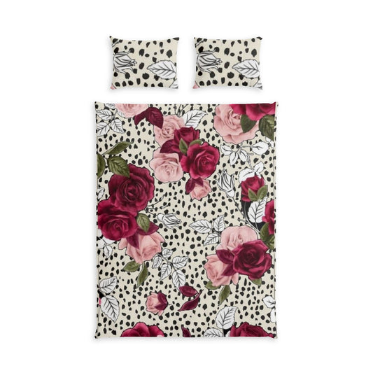 Floral Rose Duvet Cover Set — Pink & Burgundy Roses on Speckled Cream Cotton Bed Set