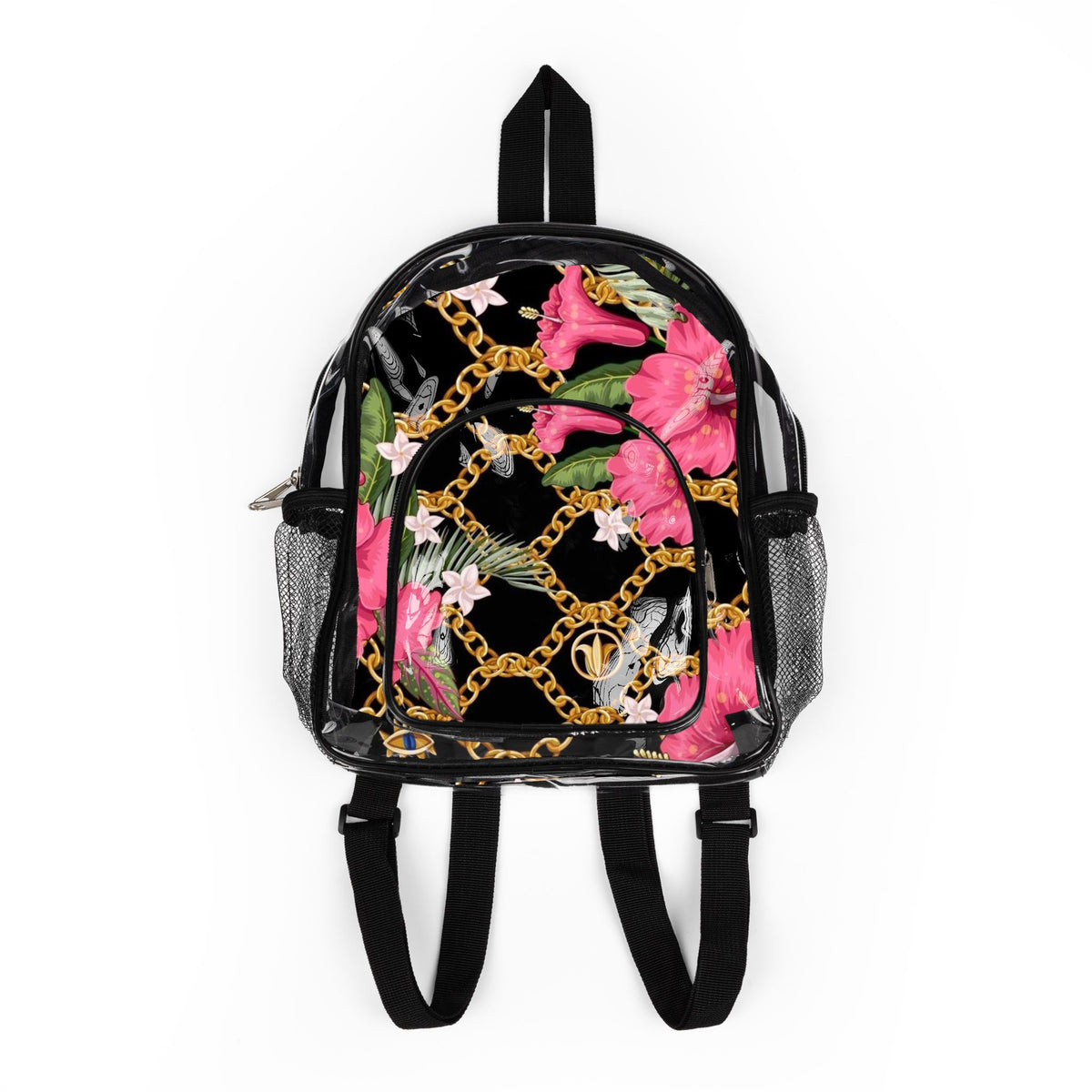 Clear Stadium Backpack — Floral Gold Chain Print Clear Bag