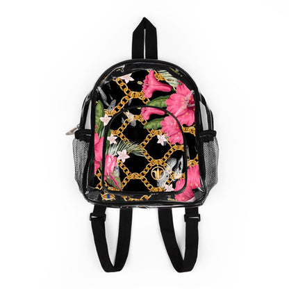 Clear Stadium Backpack — Floral Gold Chain Print Clear Bag