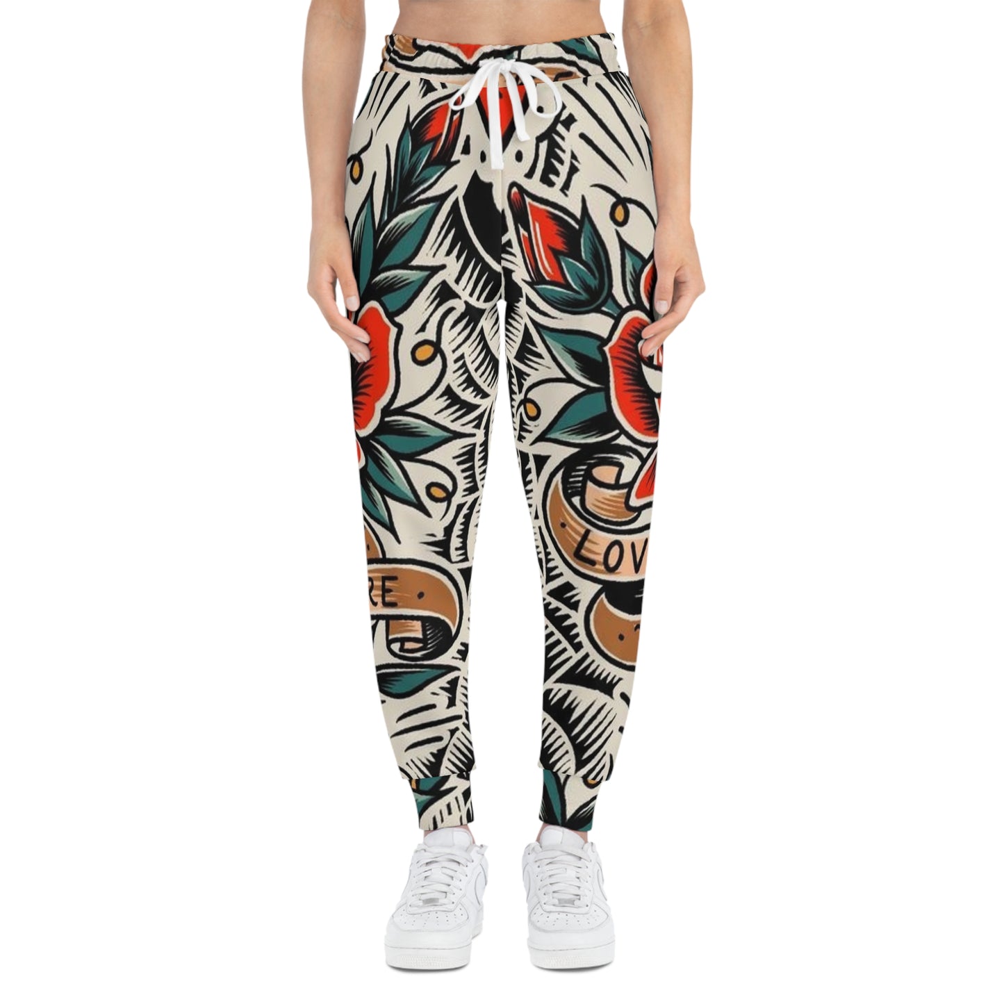 Tattoo Rose All-Over Print Joggers — "Love You" Vintage Floral Athletic Pants