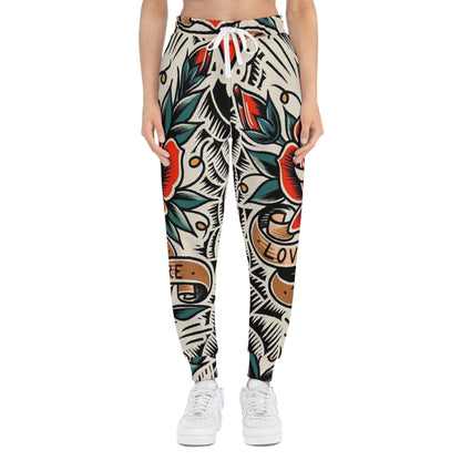 Tattoo Rose All-Over Print Joggers — "Love You" Vintage Floral Athletic Pants