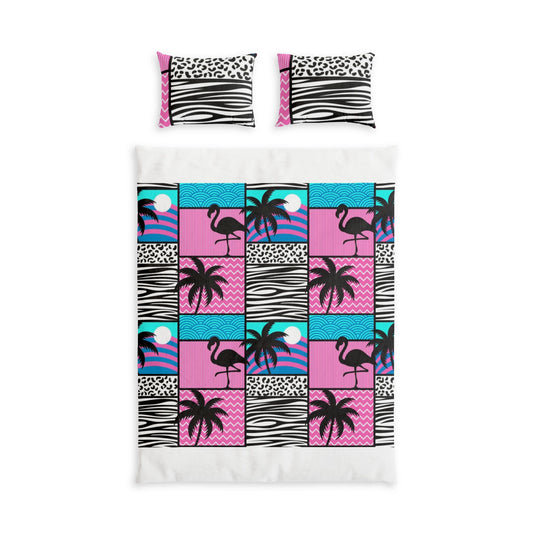 Tropical Flamingo Cotton Bed Set — Retro Pink & Teal Palm Pattern
