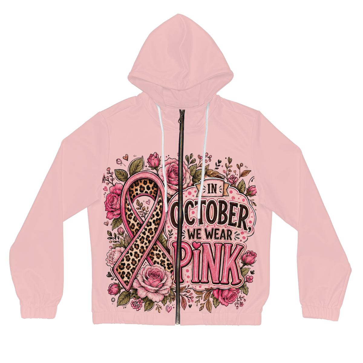 Breast Cancer Awareness Pink Zip-Up Hoodie — "In October We Wear Pink" Floral Design