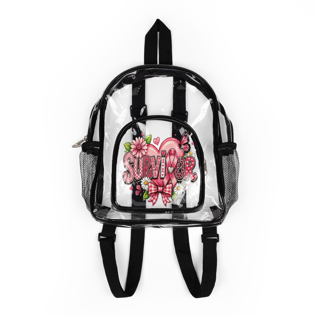 Clear Stadium Backpack — Pink Floral "Survivor" Design