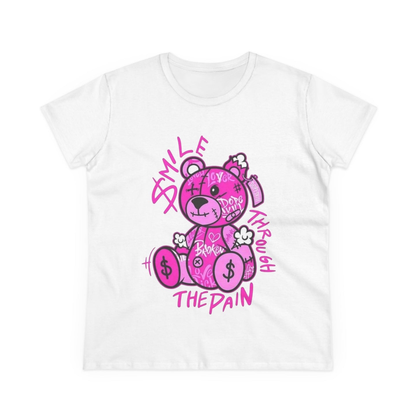 Smile Through The Pain Teddy Bear Tee — Pink Graphic Women's Cotton Shirt