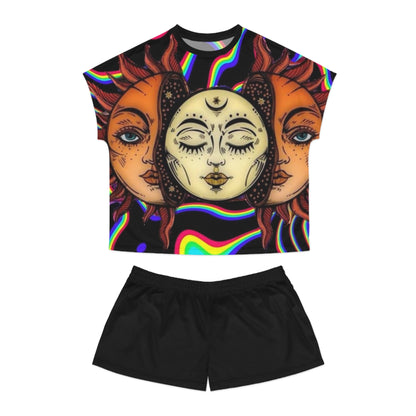 Bohemian Sun and Moon Women's Pajama Set - Cosmic Sleepwear for Disco Vibes