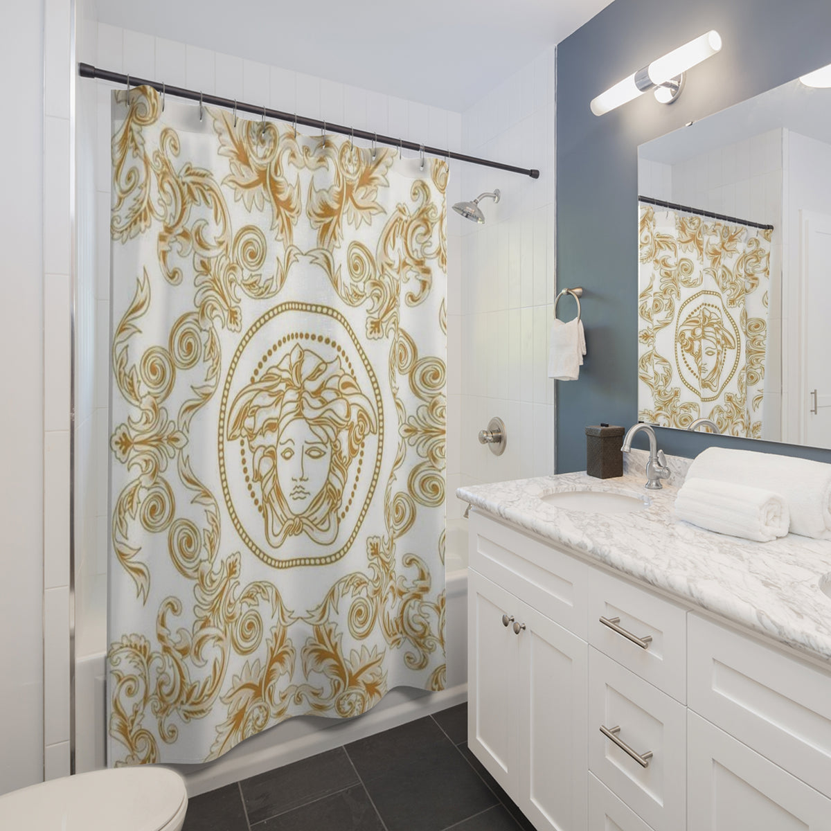 Gold Medusa Baroque Shower Curtain — Luxurious Greek Myth Bathroom Decor