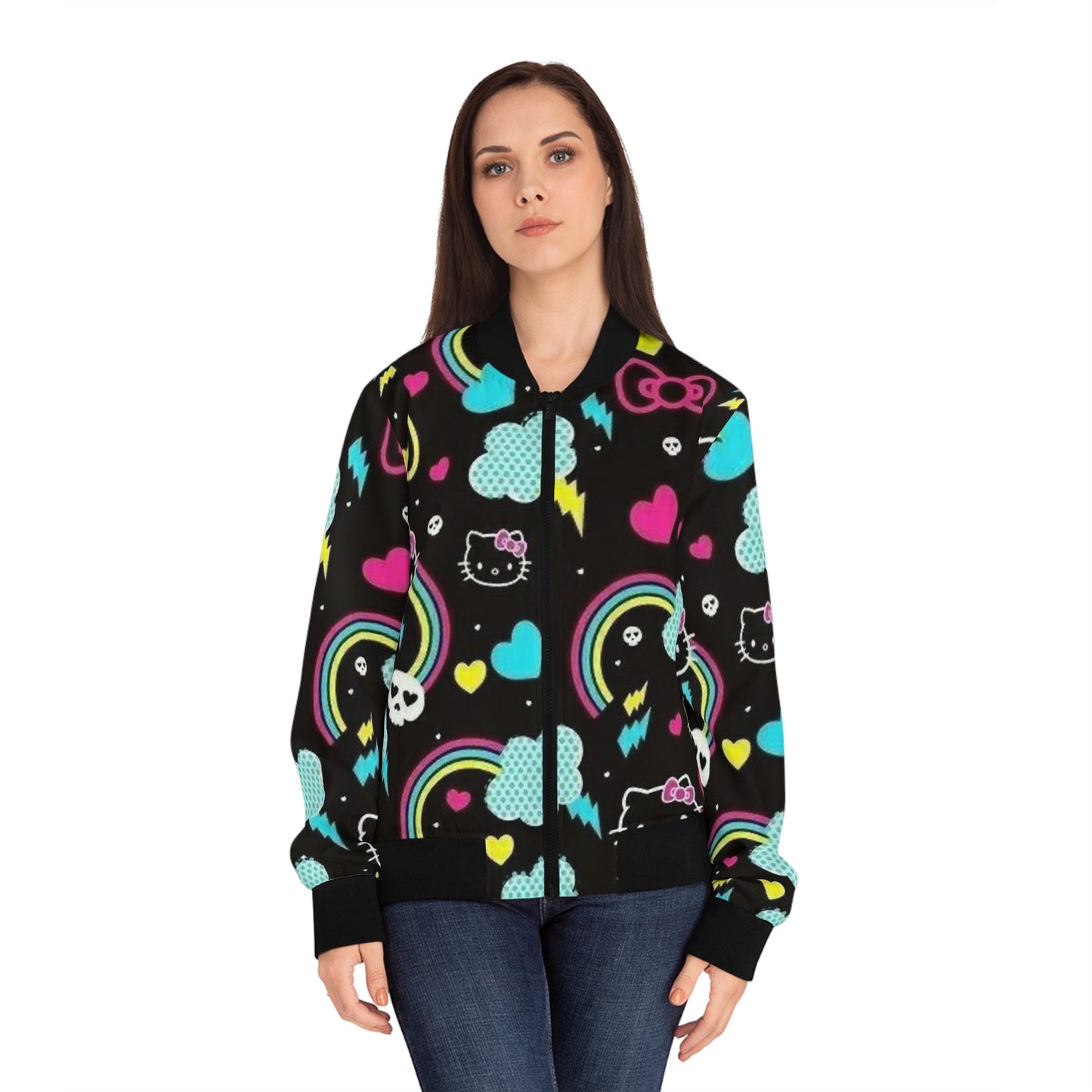 Youthful Hello Kitty Bomber Jacket, Cute Fashion, Colorful Outerwear, Trendy Gift for Her, Fun Streetwear, Vibrant AOP Style