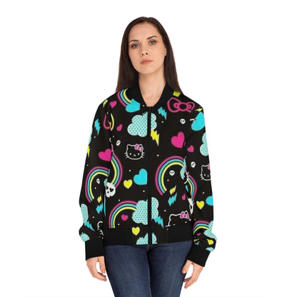 Youthful Hello Kitty Bomber Jacket, Cute Fashion, Colorful Outerwear, Trendy Gift for Her, Fun Streetwear, Vibrant AOP Style