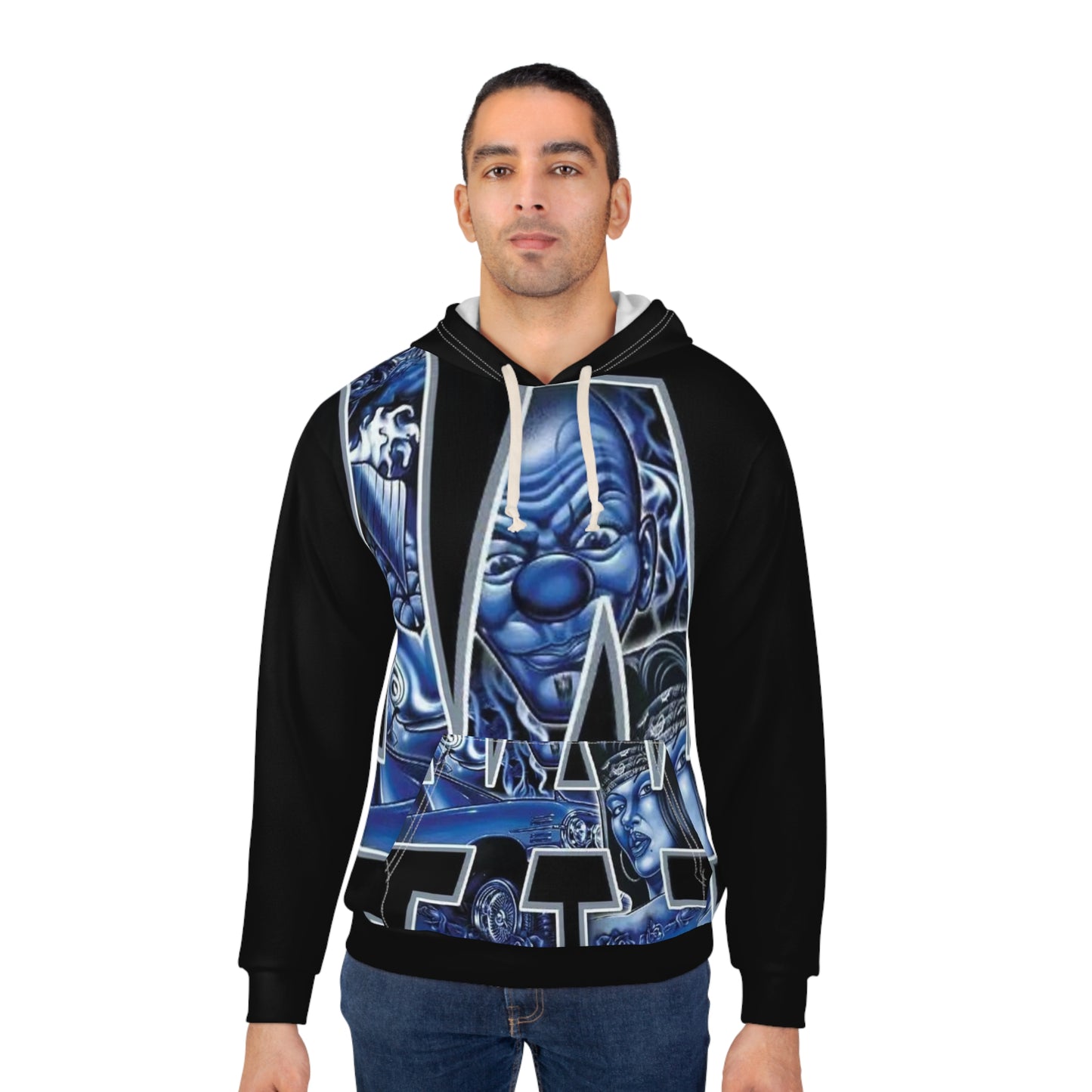 Blue Chicano-Style Graphic Hoodie — Bold Letter Art Pullover