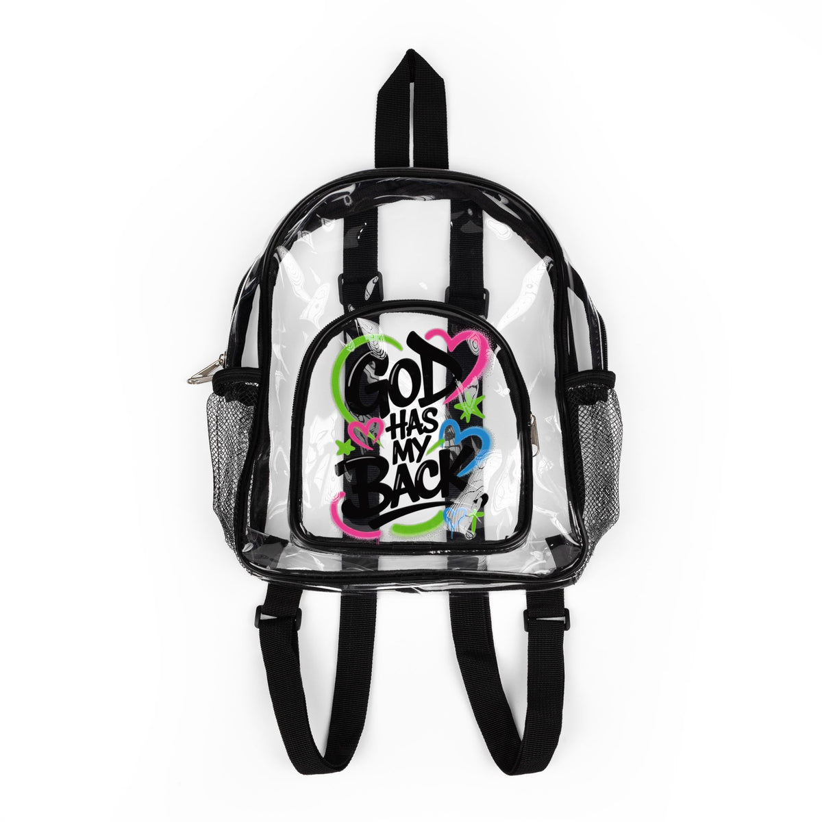 Clear Stadium Backpack — "God Has My Back" Transparent School & Game Day Bag