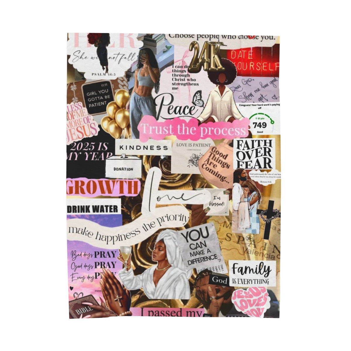 Inspirational Collage Velveteen Plush Blanket — "Trust the Process" Motivational Throw