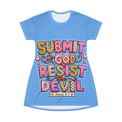 Christian T-Shirt Dress — "Submit to God, Resist the Devil" (James 4:7) Inspirational Faith Dress