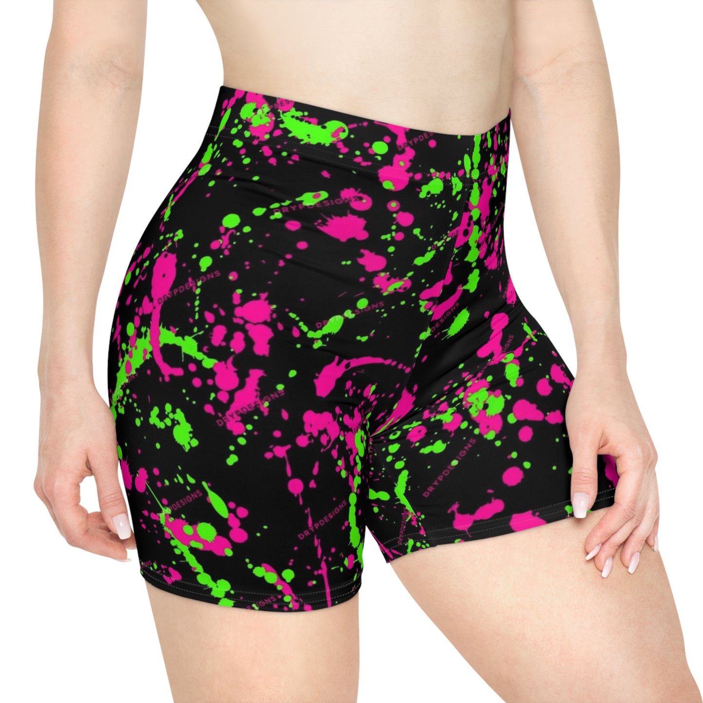 Vibrant Neon Splash Biker Shorts for Active Women - Neon Pink & Green Design