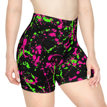 Vibrant Neon Splash Biker Shorts for Active Women - Neon Pink & Green Design