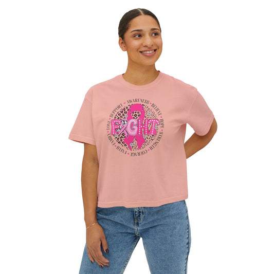 Breast Cancer Awareness Boxy Tee — Pink "Fight" Ribbon Leopard Design