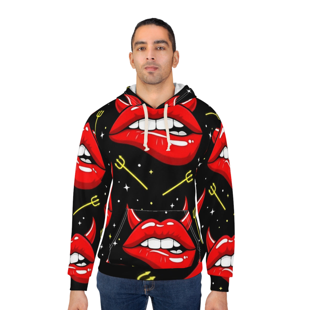 Devil Lips Hoodie – Bold Red Lip Print All-Over Pullover