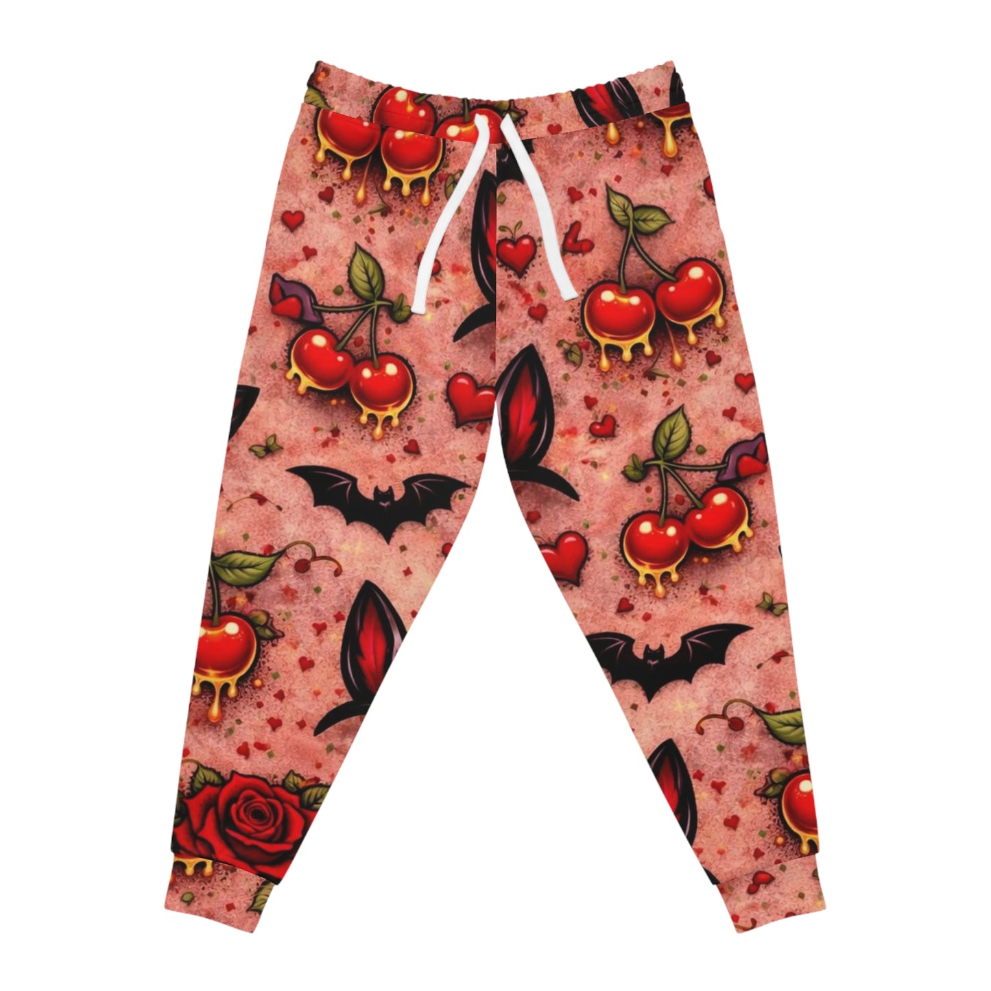 Gothic Cherry Tattoo Joggers — Vampire Bat & Rose All-Over Print Athletic Pants