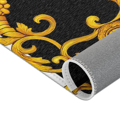 Baroque Gold Scroll Area Rug — Black & White Striped Medallion Accent Rug