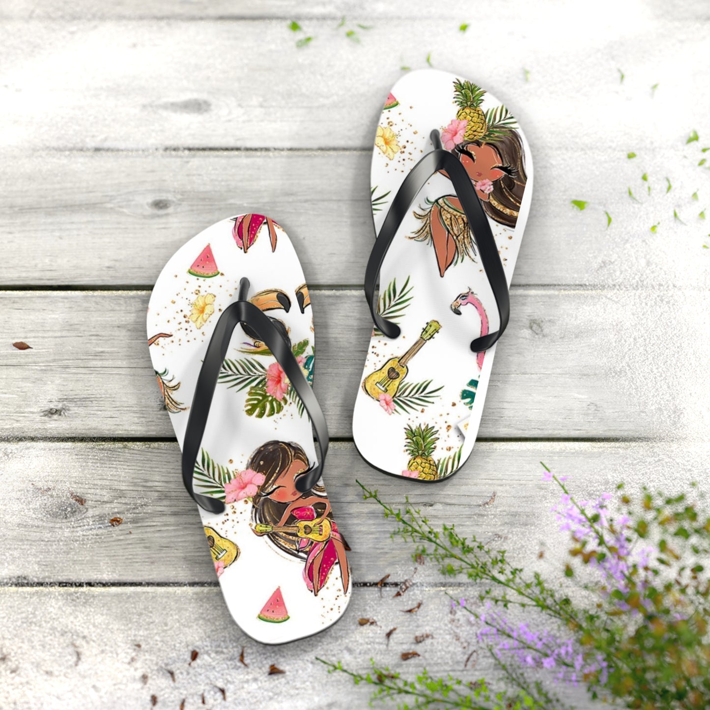 Tropical Vibe Flip-Flops mit Gitarre und tropischem Print