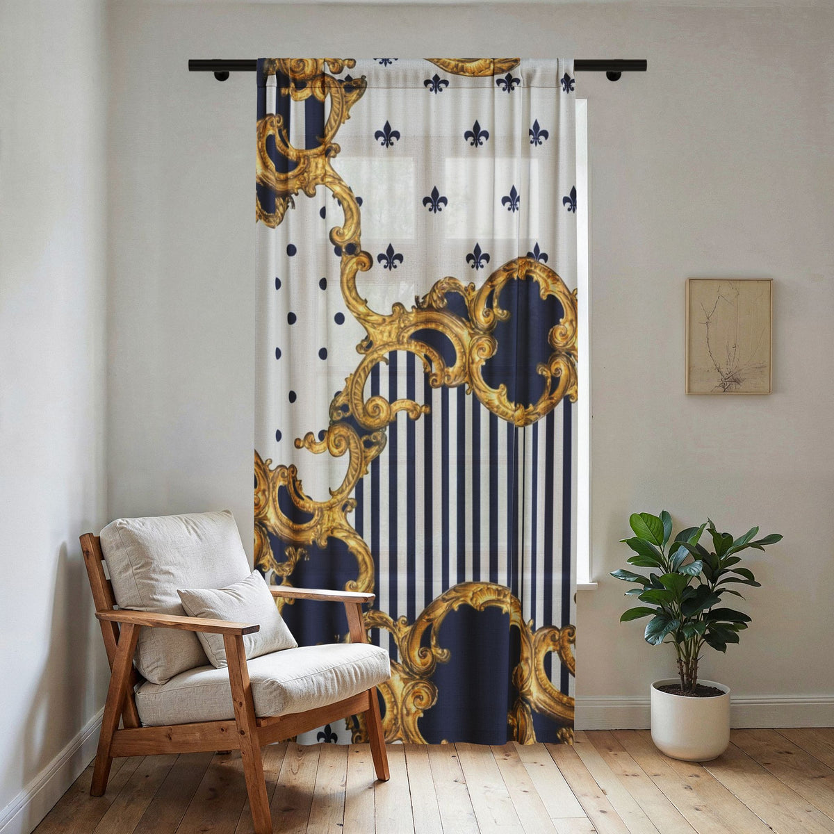 Baroque Fleur-de-Lis Sheer Window Curtain — Navy Stripes & Gold Scroll Sheer Drapery