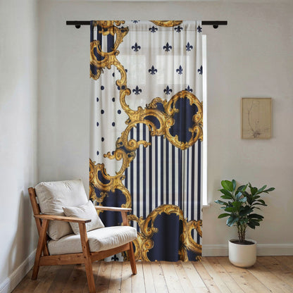Baroque Fleur-de-Lis Sheer Window Curtain — Navy Stripes & Gold Scroll Sheer Drapery