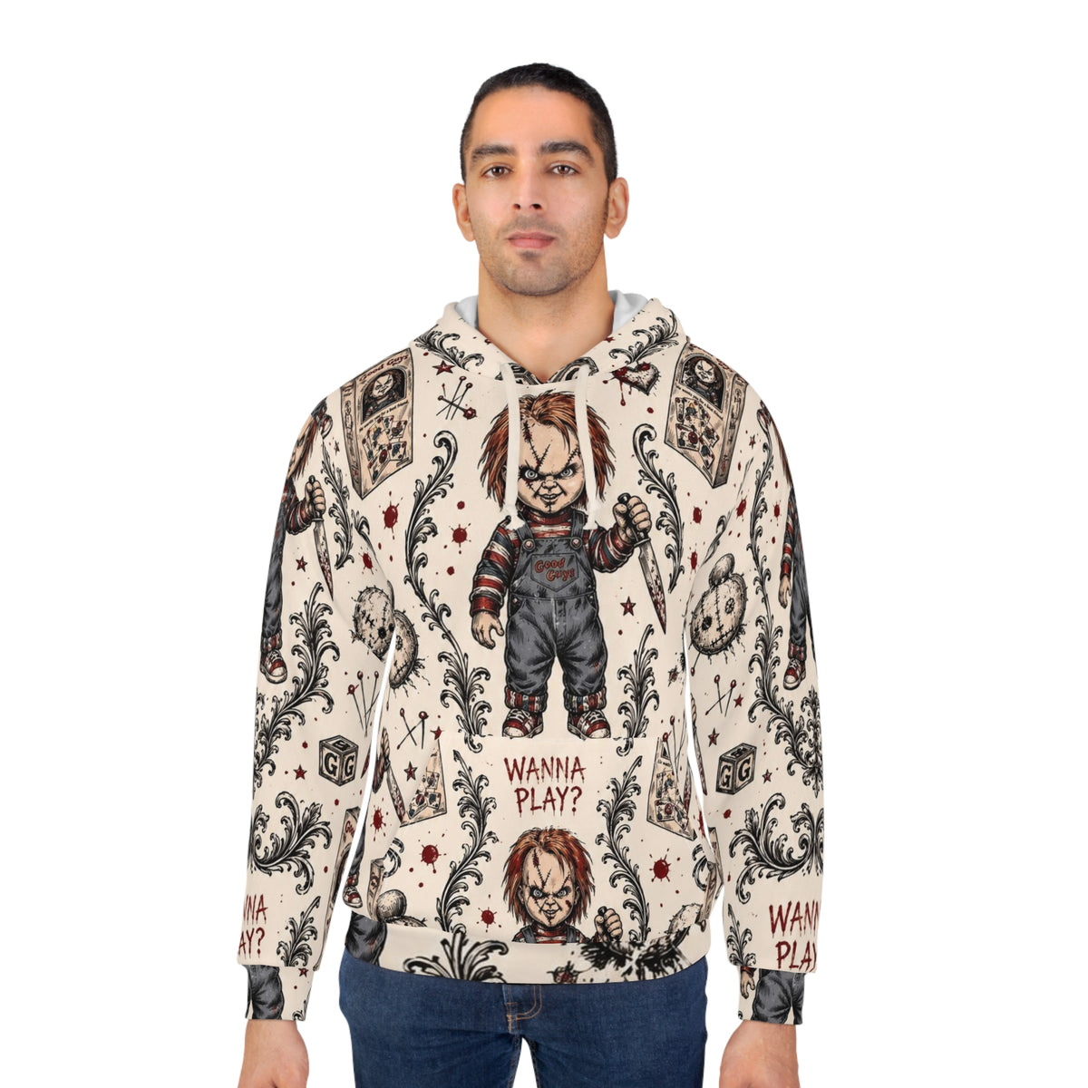 Chucky Pattern Hoodie – "Wanna Play?" Horror All-Over Print Pullover