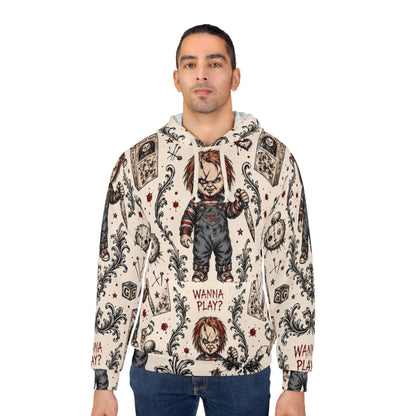 Chucky Pattern Hoodie – "Wanna Play?" Horror All-Over Print Pullover