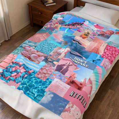 Velveteen Plush Blanket — Pastel Collage Aesthetic Throw ("Don't Compare")