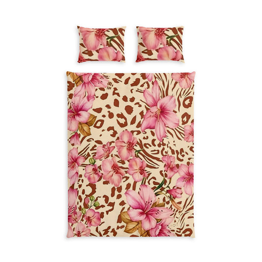 Floral Leopard Cotton Bed Set — Pink Tropical Flowers Duvet Cover & Pillowcases