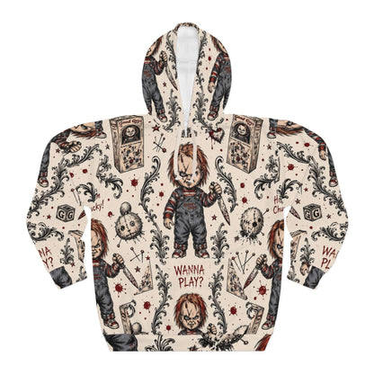 Chucky Pattern Hoodie – "Wanna Play?" Horror All-Over Print Pullover