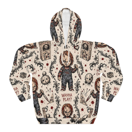 Chucky Pattern Hoodie – "Wanna Play?" Horror All-Over Print Pullover
