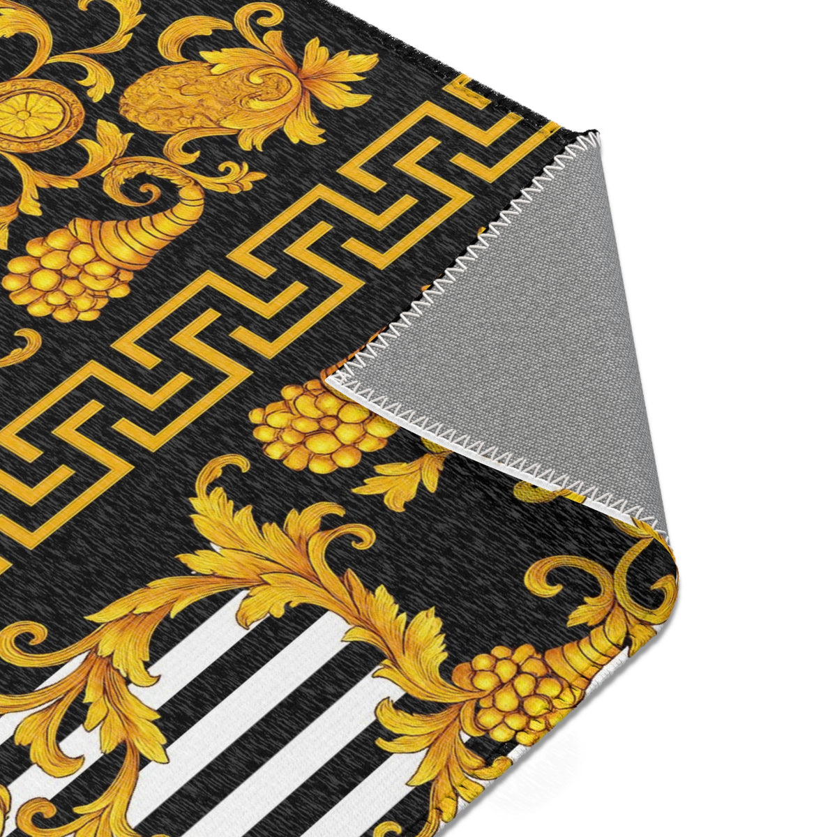 Baroque Gold Scroll Area Rug — Black & White Striped Medallion Accent Rug