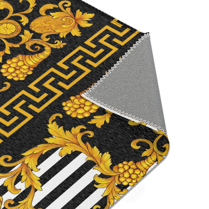 Baroque Gold Scroll Area Rug — Black & White Striped Medallion Accent Rug