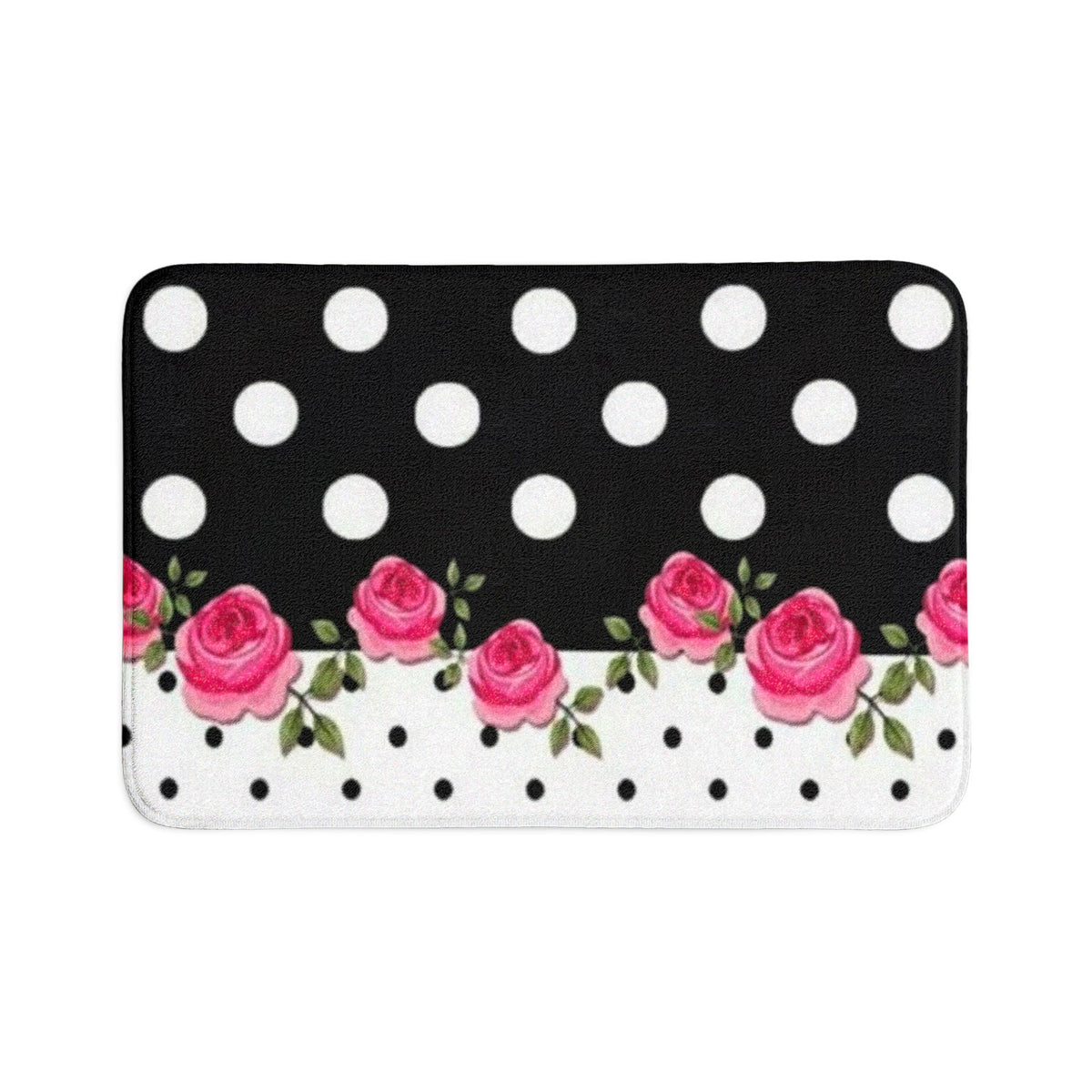 Polka Dot & Pink Rose Bath Mat Set — 3-Piece Floral Bathroom Rug Set