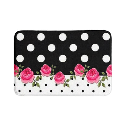 Polka Dot & Pink Rose Bath Mat Set — 3-Piece Floral Bathroom Rug Set