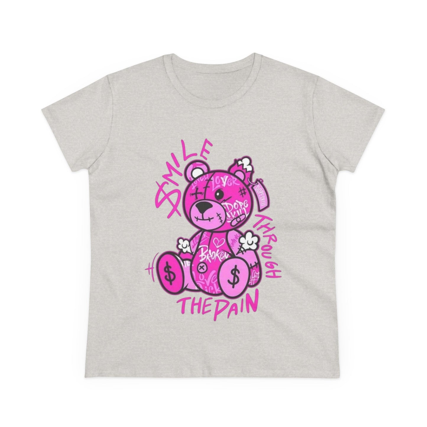 Smile Through The Pain Teddy Bear Tee — Pink Graphic Women's Cotton Shirt