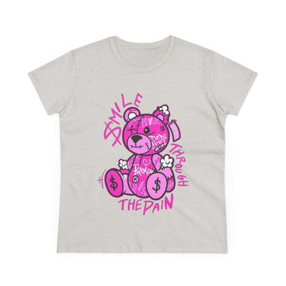 Smile Through The Pain Teddy Bear Tee — Pink Graphic Women's Cotton Shirt