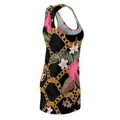 Racerback Dress — Black Floral & Gold Chain All-Over Print