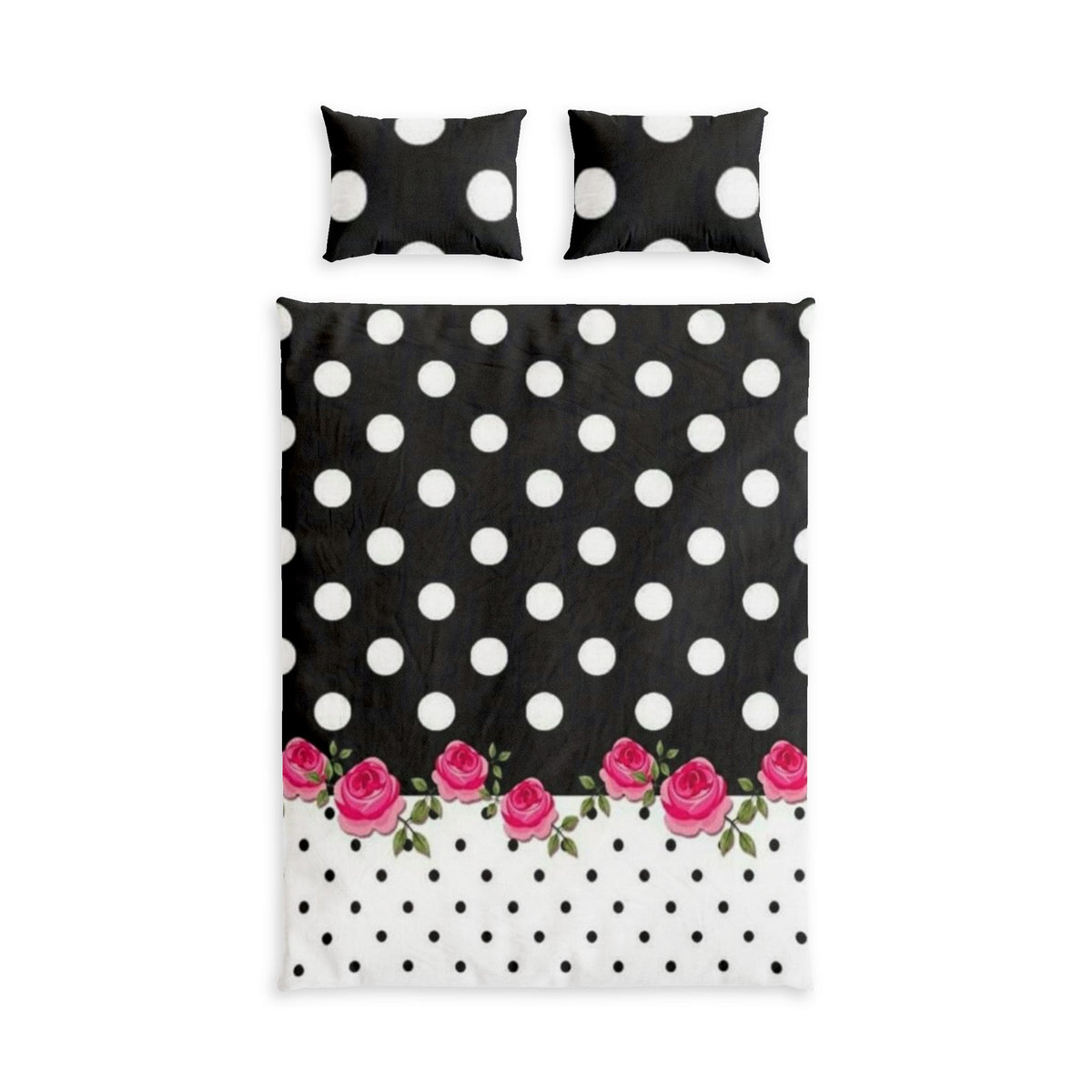 Polka Dot Rose Cotton Bed Set — Black & White Floral Duvet Cover
