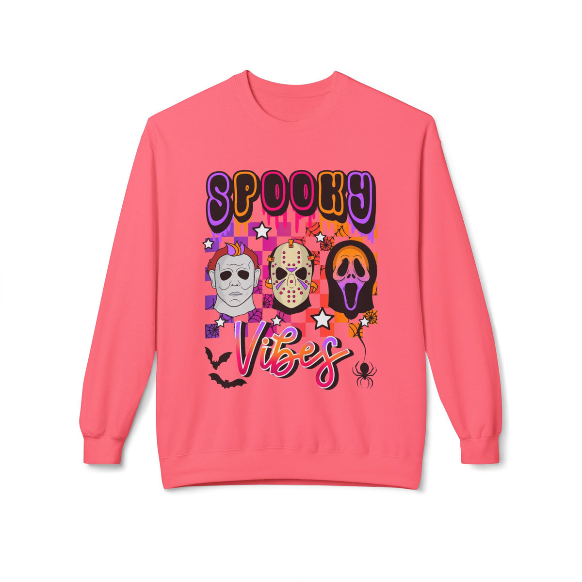 Spooky Vibes Crewneck Sweatshirt — Retro Neon Horror Masks Halloween Pullover