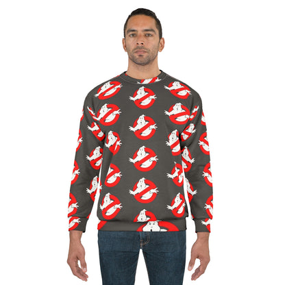 Ghostbuster Pattern Sweatshirt | Cozy Unisex Pullover, Halloween Costume, Gift for Geeks, Vintage Cartoon Apparel, Casual Wear
