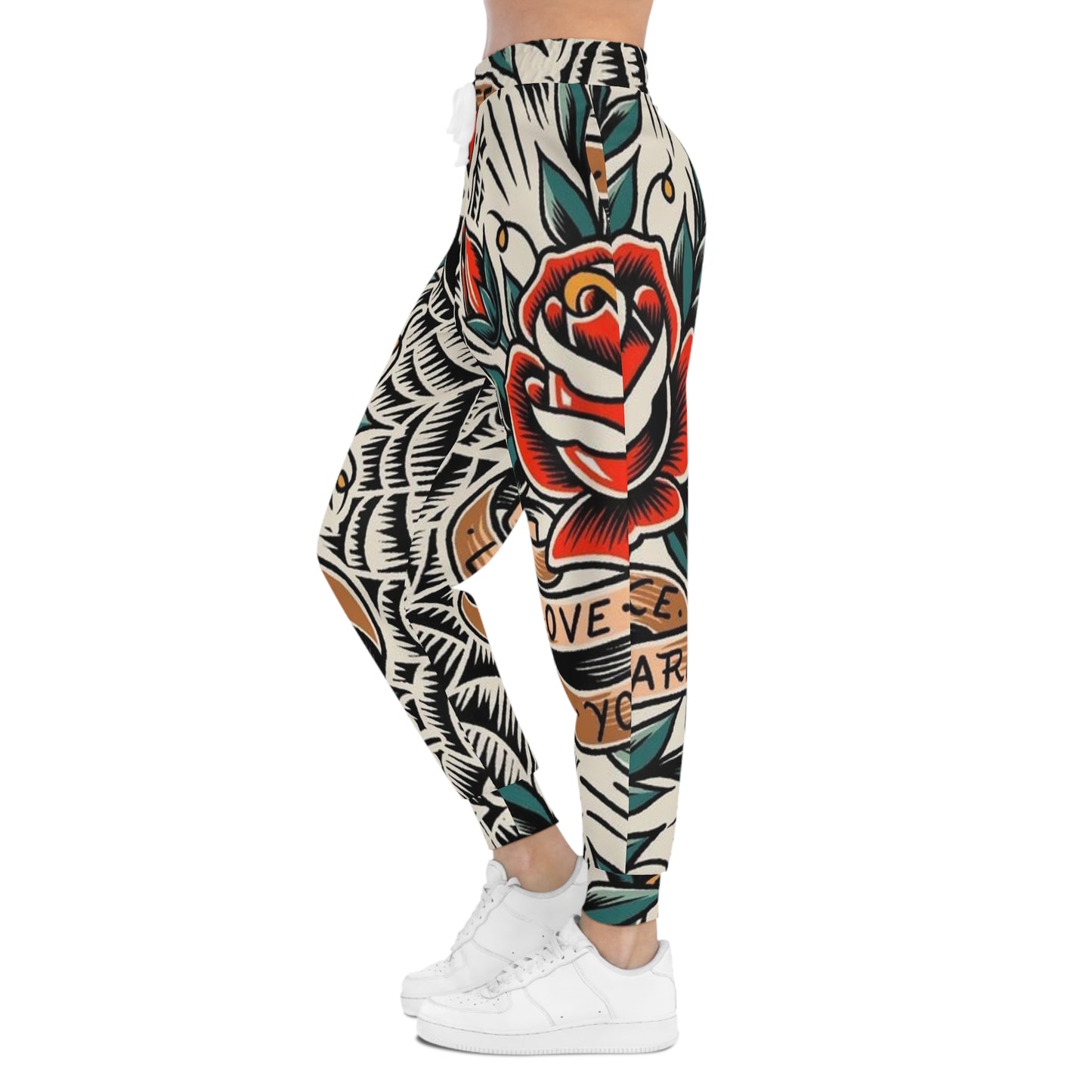 Tattoo Rose All-Over Print Joggers — "Love You" Vintage Floral Athletic Pants