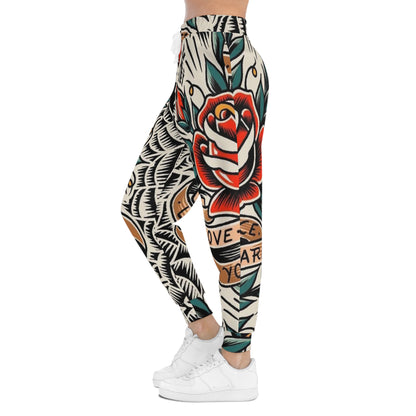 Tattoo Rose All-Over Print Joggers — "Love You" Vintage Floral Athletic Pants