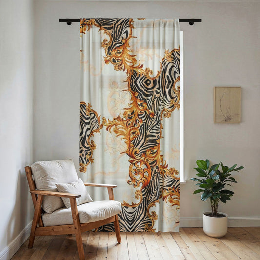 Baroque Zebra Sheer Curtain — Ornate Black & Gold Window Panel