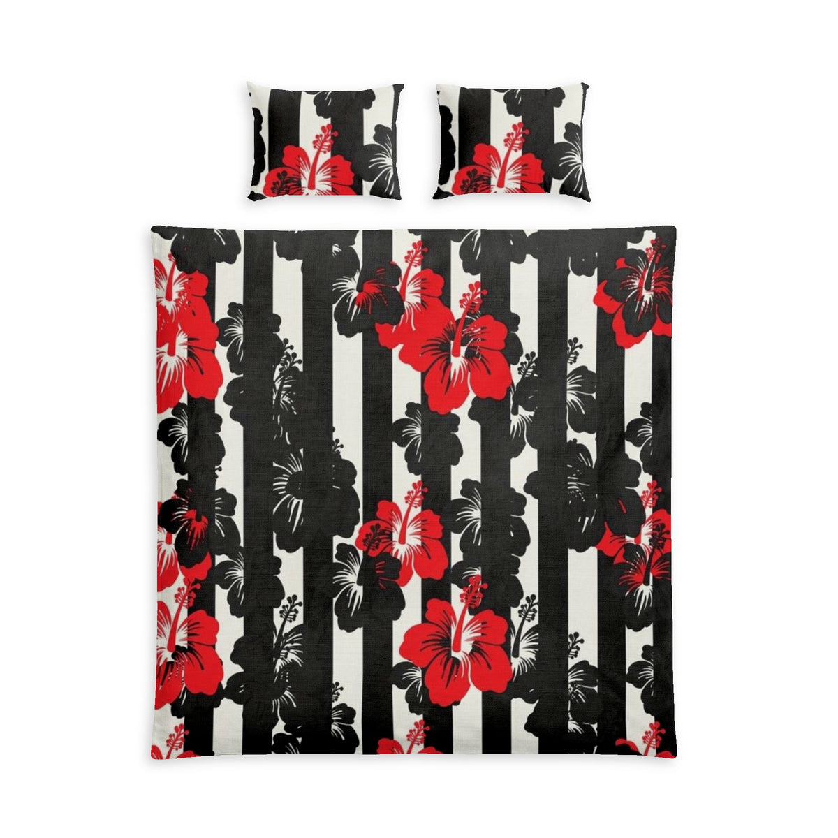 Floral Stripes Cotton Bed Set — Black & White Stripe with Red Hibiscus Bedding